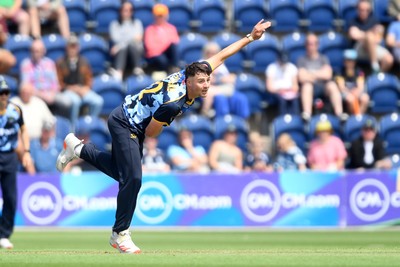 060725 - Glamorgan v Kent - T20, Vitality Blast - Ned Leonard of Glamorgan bowls the ball to dismiss Harry Finch of Kent