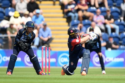 060725 - Glamorgan v Kent - T20, Vitality Blast - Sam Billings of Kent is bowled out by Andy Gorvin of Glamorgan