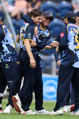 060725 - Glamorgan v Kent - T20, Vitality Blast - Andy Gorvin of Glamorgan celebrates taking the wicket of Joe Denly of Kent