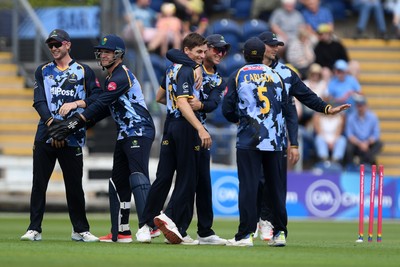 060725 - Glamorgan v Kent - T20, Vitality Blast - Andy Gorvin of Glamorgan celebrates taking the wicket of Joe Denly of Kent