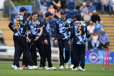060725 - Glamorgan v Kent - T20, Vitality Blast - Andy Gorvin of Glamorgan celebrates taking the wicket of Joe Denly of Kent