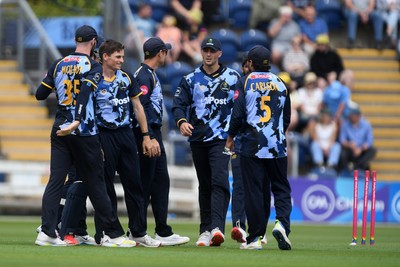 060725 - Glamorgan v Kent - T20, Vitality Blast - Andy Gorvin of Glamorgan celebrates taking the wicket of Joe Denly of Kent