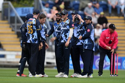 060725 - Glamorgan v Kent - T20, Vitality Blast - Andy Gorvin of Glamorgan celebrates taking the wicket of Joe Denly of Kent