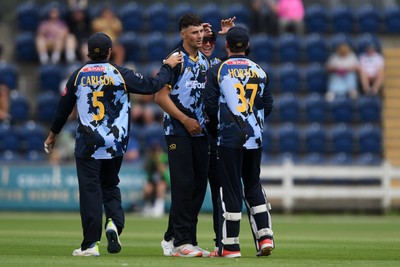 060725 - Glamorgan v Kent - T20, Vitality Blast - Ned Leonard of Glamorgan bowls the ball to dismiss Joe Denly of Kent