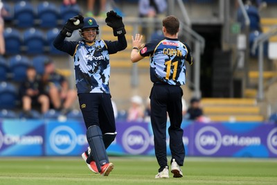 060725 - Glamorgan v Kent - T20, Vitality Blast - Alex Horton of Glamorgan catches the ball to dismiss Joey Evison of Kent