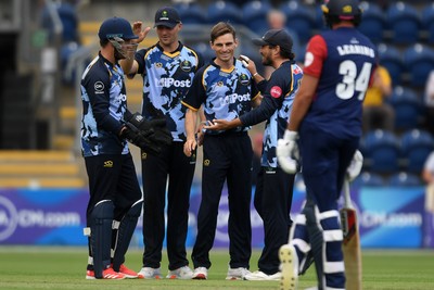 060725 - Glamorgan v Kent - T20, Vitality Blast - Andy Gorvin of Glamorgan bowls the ball to dismiss Tom Rogers of Kent