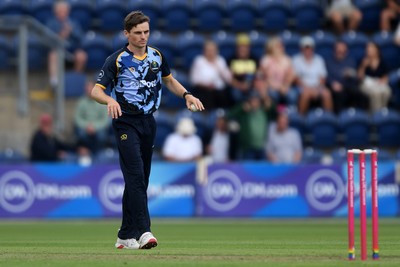 060725 - Glamorgan v Kent - T20, Vitality Blast - Fred Klaassen of Kent is bowled and caught out by Andy Gorvin of Glamorgan