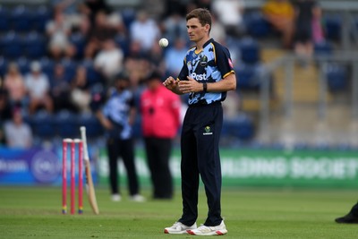 060725 - Glamorgan v Kent - T20, Vitality Blast - Fred Klaassen of Kent is bowled and caught out by Andy Gorvin of Glamorgan