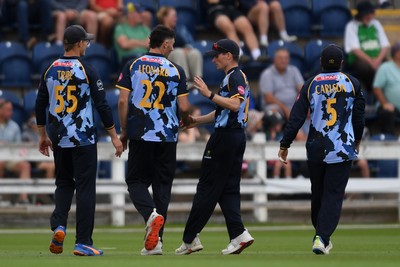 060725 - Glamorgan v Kent - T20, Vitality Blast - Will Smale of Glamorgan catches the ball to dismiss Nathan Gilchrist of Kent