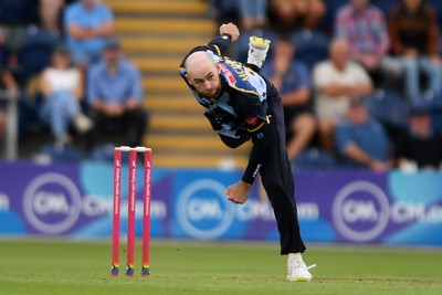 060725 - Glamorgan v Kent - T20, Vitality Blast - Jamie Mcilroy of Glamorgan bowling