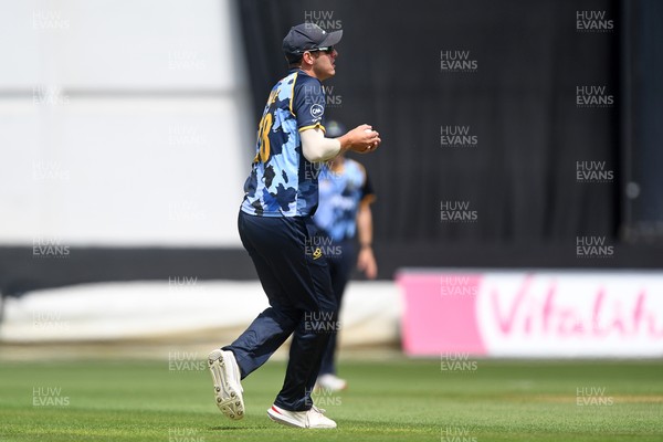 060725 - Glamorgan v Kent - T20, Vitality Blast - Will Smale of Glamorgan catches the ball to dismiss Daniel Bell-Drummond of Kent