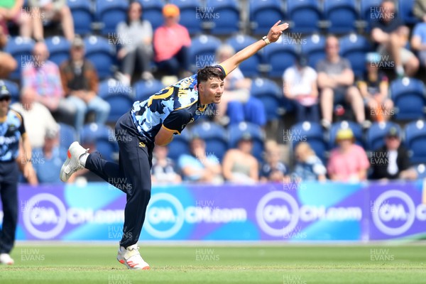 060725 - Glamorgan v Kent - T20, Vitality Blast - Ned Leonard of Glamorgan bowls the ball to dismiss Harry Finch of Kent