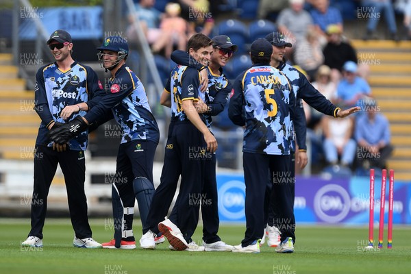 060725 - Glamorgan v Kent - T20, Vitality Blast - Andy Gorvin of Glamorgan celebrates taking the wicket of Joe Denly of Kent