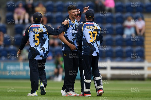060725 - Glamorgan v Kent - T20, Vitality Blast - Ned Leonard of Glamorgan bowls the ball to dismiss Joe Denly of Kent
