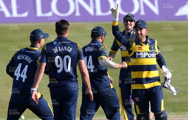 140517 - Glamorgan v Kent - Royal London One-Day Cup - Chris Cooke of Glamorgan celebrates with team mates after running out James Tredwell of Kent