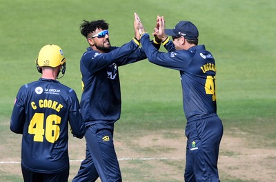 160621 - Glamorgan v Kent - T20 Vitality Blast - Prim Sisodiya of Glamorgan celebrates the wicket of Daniel Bell-Drummond of Kent