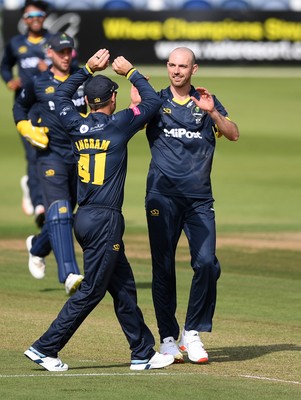 160621 - Glamorgan v Kent - T20 Vitality Blast - James Weighell of Glamorgan celebrates the wicket of Joe Denly of Kent