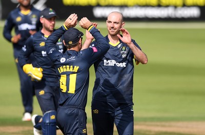 160621 - Glamorgan v Kent - T20 Vitality Blast - James Weighell of Glamorgan celebrates the wicket of Joe Denly of Kent