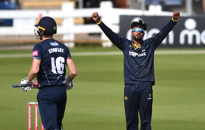 160621 - Glamorgan v Kent - T20 Vitality Blast - Prim Sisodiya of Glamorgan celebrates the wicket of Zak Crawley of Kent