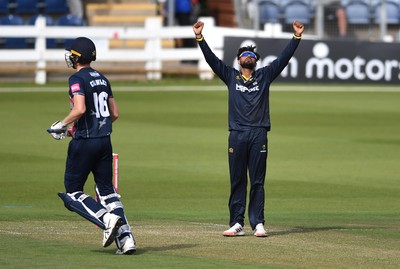 160621 - Glamorgan v Kent - T20 Vitality Blast - Prim Sisodiya of Glamorgan celebrates the wicket of Zak Crawley of Kent