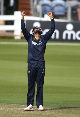 160621 - Glamorgan v Kent - T20 Vitality Blast - Prim Sisodiya of Glamorgan celebrates the wicket of Zak Crawley of Kent