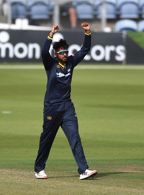 160621 - Glamorgan v Kent - T20 Vitality Blast - Prim Sisodiya of Glamorgan celebrates the wicket of Zak Crawley of Kent