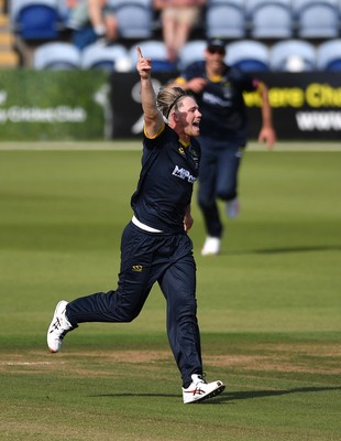 160621 - Glamorgan v Kent - T20 Vitality Blast - Dan Douthwaite of Glamorgan celebrates the wicket of Sam Billings of Kent