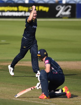 160621 - Glamorgan v Kent - T20 Vitality Blast - Dan Douthwaite of Glamorgan celebrates the wicket of Sam Billings of Kent