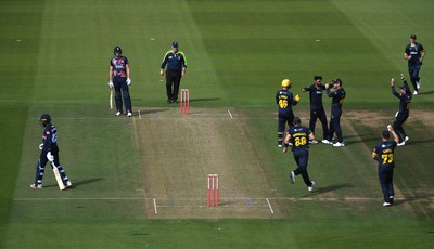 160621 - Glamorgan v Kent - T20 Vitality Blast - Prim Sisodiya of Glamorgan celebrates the wicket of Daniel Bell-Drummond of Kent