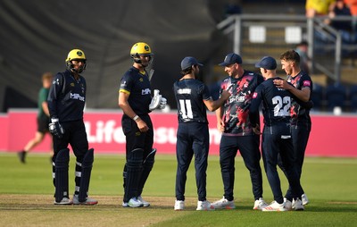 160621 - Glamorgan v Kent - T20 Vitality Blast - James Weighell of Glamorgan and Prim Sisodiya of Glamorgan look dejected as Kent players celebrate