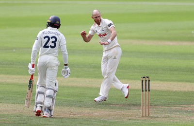 220725 - Glamorgan v Kent - Rothesay County Championship Division 2 - James Harris of Glamorgan celebrates taking the wicket of Daniel Bell-Drummond for LBW