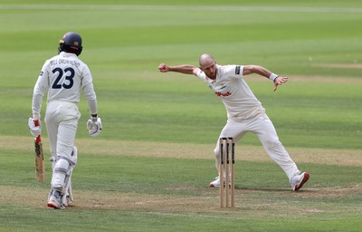 220725 - Glamorgan v Kent - Rothesay County Championship Division 2 - James Harris of Glamorgan celebrates taking the wicket of Daniel Bell-Drummond for LBW