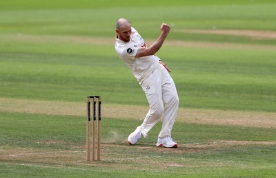 220725 - Glamorgan v Kent - Rothesay County Championship Division 2 - James Harris of Glamorgan celebrates taking the wicket of Daniel Bell-Drummond for LBW