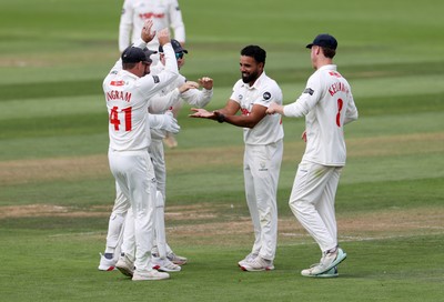 220725 - Glamorgan v Kent - Rothesay County Championship Division 2 - Zain ul Hassan of Glamorgan celebrates taking the wicket of Wes Agar for LBW