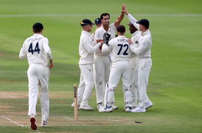 220725 - Glamorgan v Kent - Rothesay County Championship Division 2 - Wes Agar of Kent celebrates taking the wicket of Asa Tribe of Glamorgan
