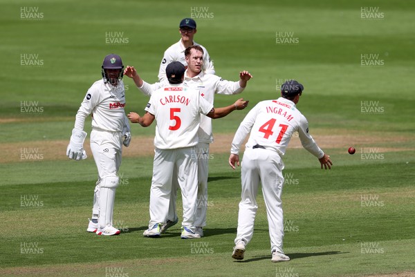 220725 - Glamorgan v Kent - Rothesay County Championship Division 2 - Ben Kellaway of Glamorgan celebrates taking the wicket of Chris Benjamin for LBW