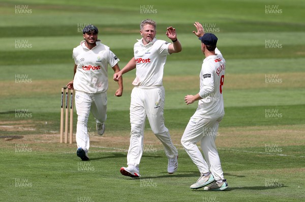 220725 - Glamorgan v Kent - Rothesay County Championship Division 2 - Timm Van Der Gugten of Glamorgan celebrates after Joey Evison is caught by Chris Cooke