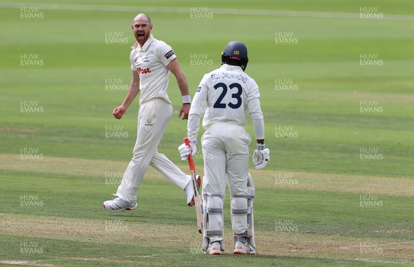220725 - Glamorgan v Kent - Rothesay County Championship Division 2 - James Harris of Glamorgan celebrates taking the wicket of Daniel Bell-Drummond for LBW