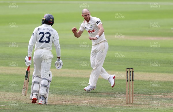 220725 - Glamorgan v Kent - Rothesay County Championship Division 2 - James Harris of Glamorgan celebrates taking the wicket of Daniel Bell-Drummond for LBW