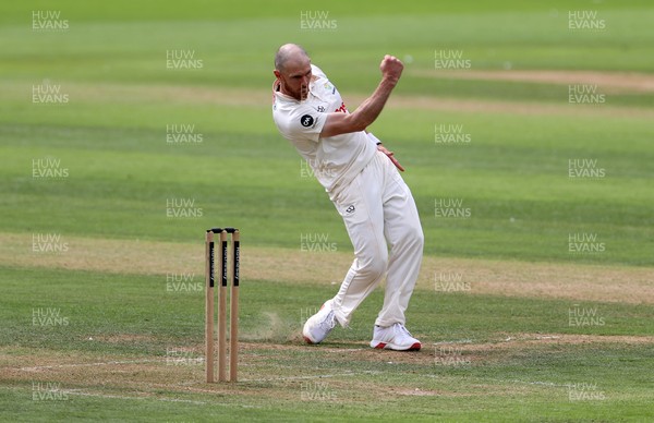 220725 - Glamorgan v Kent - Rothesay County Championship Division 2 - James Harris of Glamorgan celebrates taking the wicket of Daniel Bell-Drummond for LBW