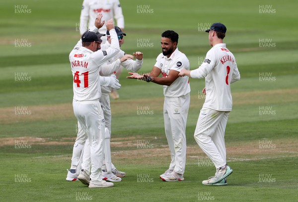 220725 - Glamorgan v Kent - Rothesay County Championship Division 2 - Zain ul Hassan of Glamorgan celebrates taking the wicket of Wes Agar for LBW