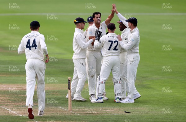 220725 - Glamorgan v Kent - Rothesay County Championship Division 2 - Wes Agar of Kent celebrates taking the wicket of Asa Tribe of Glamorgan