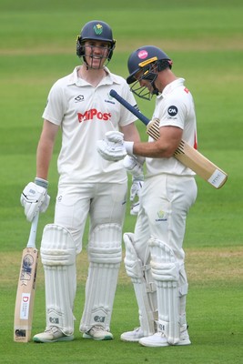 230725 - Glamorgan v Kent -  Rothesay County Championship - Ben Kellaway and Colin Ingram of Glamorgan