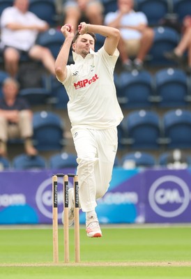 240725  Glamorgan v Kent, Rothesay County Championship Division 2, Day 3 -  Ned Leonard of Glamorgan bowls