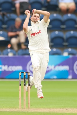 240725  Glamorgan v Kent, Rothesay County Championship Division 2, Day 3 -  Ned Leonard of Glamorgan bowls