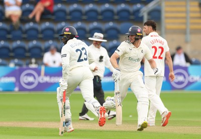 240725  Glamorgan v Kent, Rothesay County Championship Division 2, Day 3 - Daniel Bell-Drummond of Kent and Chris Benjamin of Kent add the runs for Kent