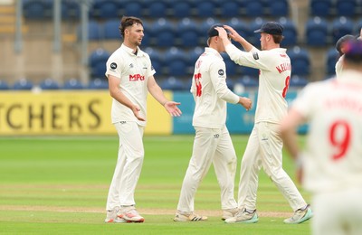 240725  Glamorgan v Kent, Rothesay County Championship Division 2, Day 3 - Ned Leonard of Glamorgan celebrates as he takes the wicket of Daniel Bell-Drummond of Kent