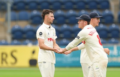 240725  Glamorgan v Kent, Rothesay County Championship Division 2, Day 3 - Ned Leonard of Glamorgan celebrates as he takes the wicket of Daniel Bell-Drummond of Kent
