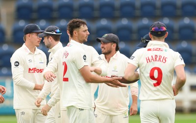 240725  Glamorgan v Kent, Rothesay County Championship Division 2, Day 3 - Ned Leonard of Glamorgan celebrates as he takes the wicket of Daniel Bell-Drummond of Kent