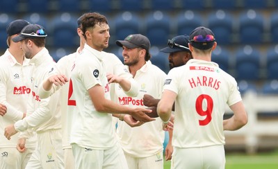 240725  Glamorgan v Kent, Rothesay County Championship Division 2, Day 3 - Ned Leonard of Glamorgan celebrates as he takes the wicket of Daniel Bell-Drummond of Kent